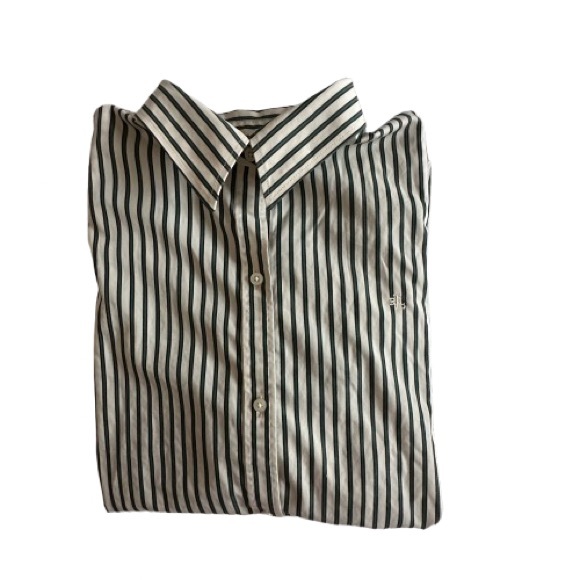 Ralph Lauren Women's XL Green & Ivory Striped Button Down Sleeved Collared Shirt - Picture 9 of 15